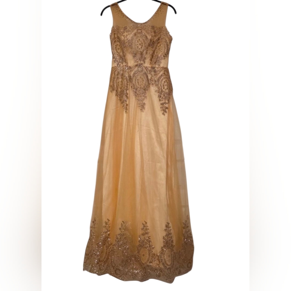 Beautiful Gold Full Length Sleeveless A-line Gown w/ Rhinestones NWOT